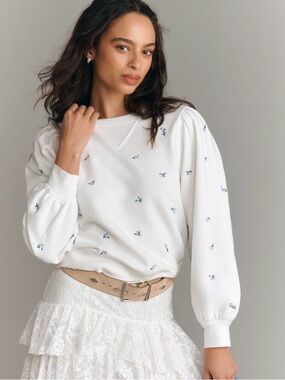 NWT Anthropologie Rails Tiffany Floral Embroidered Puff Sleeve Sweatshirt SZ S